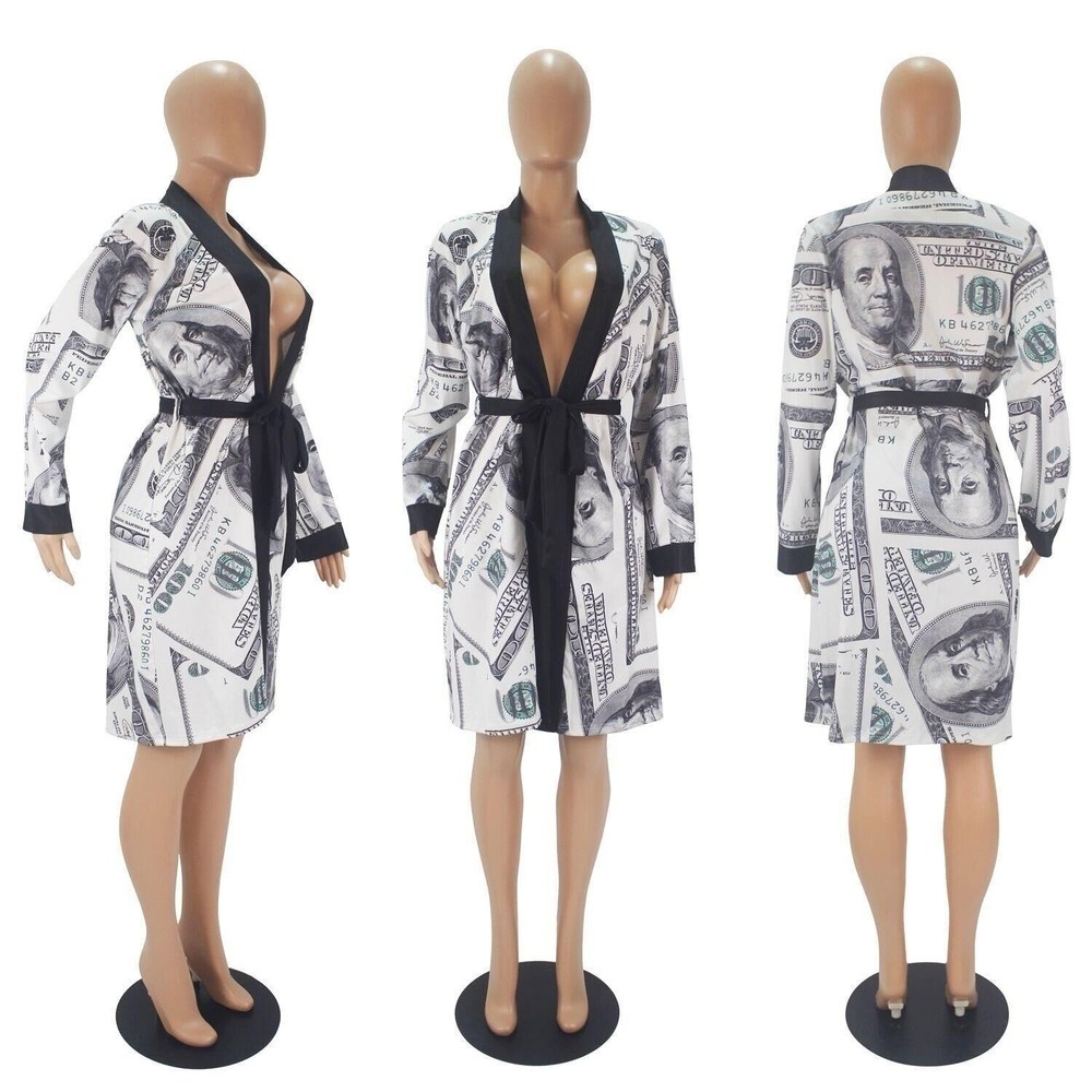 Femme De Mariage Women's Lingerie Long Sleeve Open Front Money Print Satin Robe